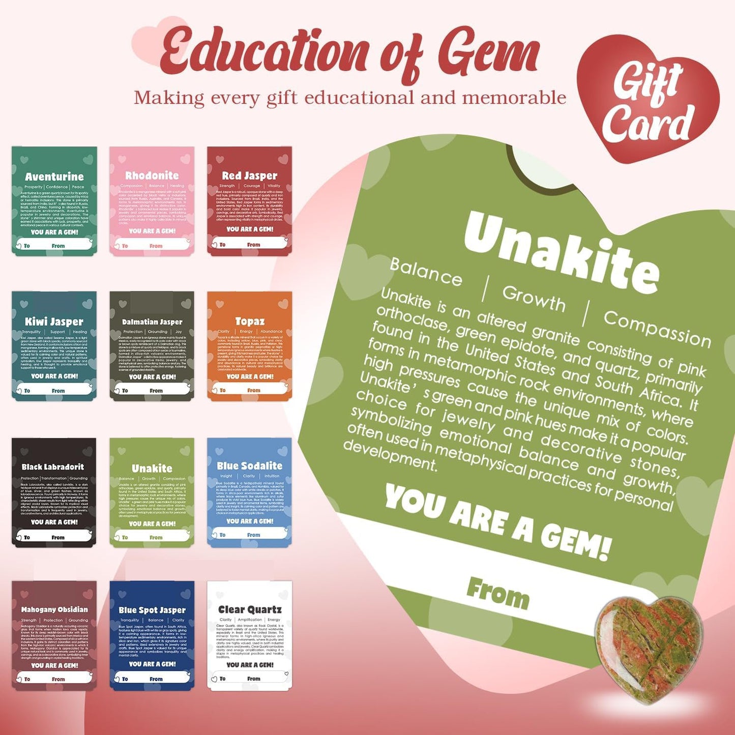 💥Valentine's Day Gem Gifts for Kids&Adults – Prefilled Cards with Heart-Shaped Gemstones