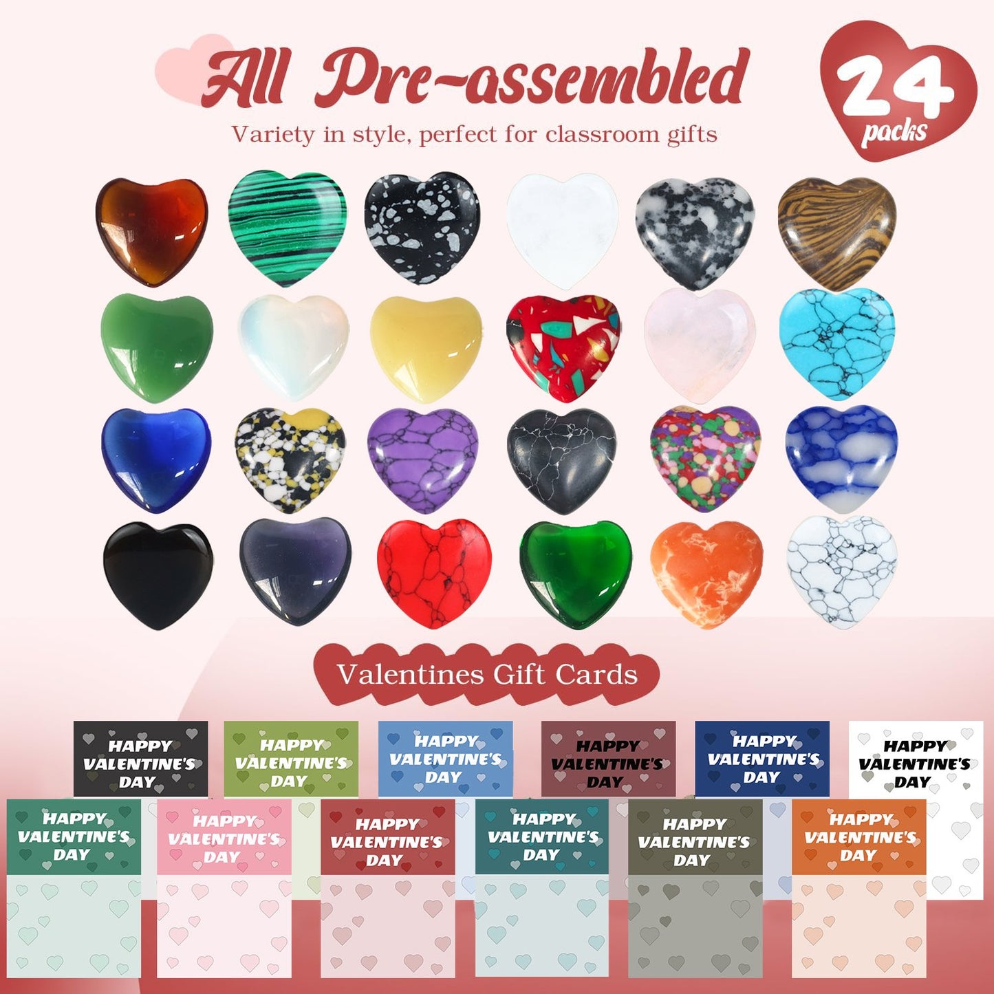 💥Valentine's Day Gem Gifts for Kids&Adults – Prefilled Cards with Heart-Shaped Gemstones